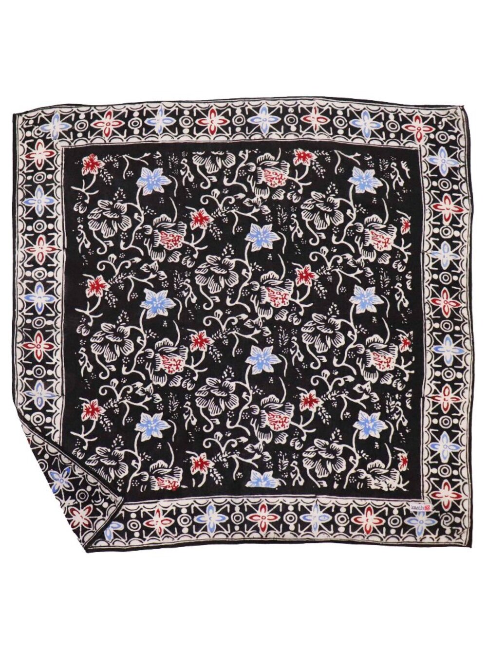 Hand Dyed Batik Bandana, Midnight Bloom, Black Red Blue